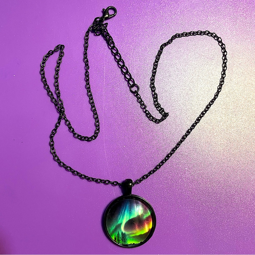 Aurora Borealis Northern Lights Glass Dome Pendant Necklace Black Chain